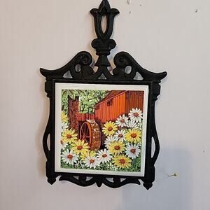 Vtg Cherry MCM Cast Iron Tile Trivet Japan 1970s Daisies And Water Wheel 9x6